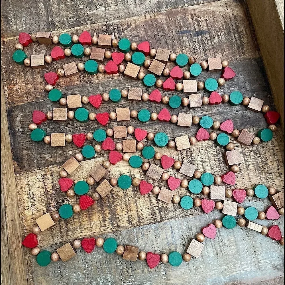 Vintage 9’2” Beaded Garland Red, Green & Natural Wood